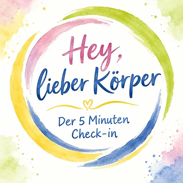 Titelbild „Hey, lieber Körper – Der 5 Minuten Check-in“: der Schriftzug in einem Kreis aus Aquarellfarben in Grün, Rosa, Gelb und Blau