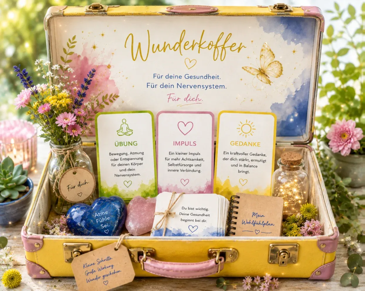 Ein gelber Koffer, geöffnet und gefüllt mit Karten für Übung, Impuls und Gedanke, Blumen, einem Notizbuch und zwei Herzsteinen
