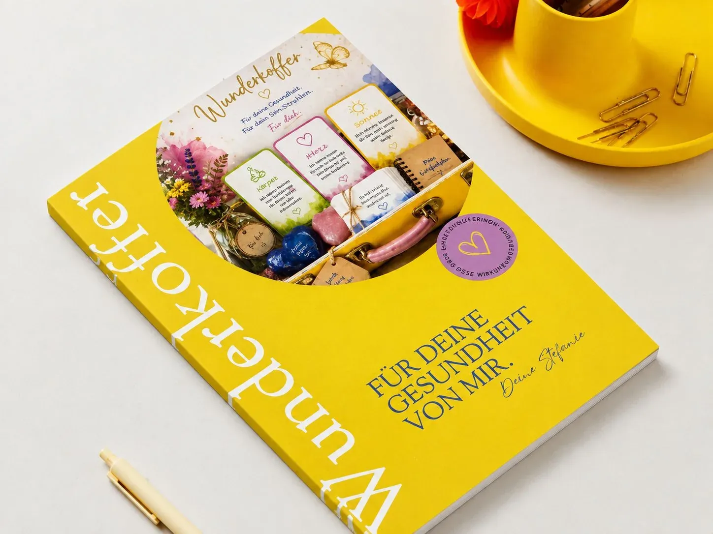 Das Wunderkoffer-Workbook als gedrucktes Heft mit gelbem Umschlag
